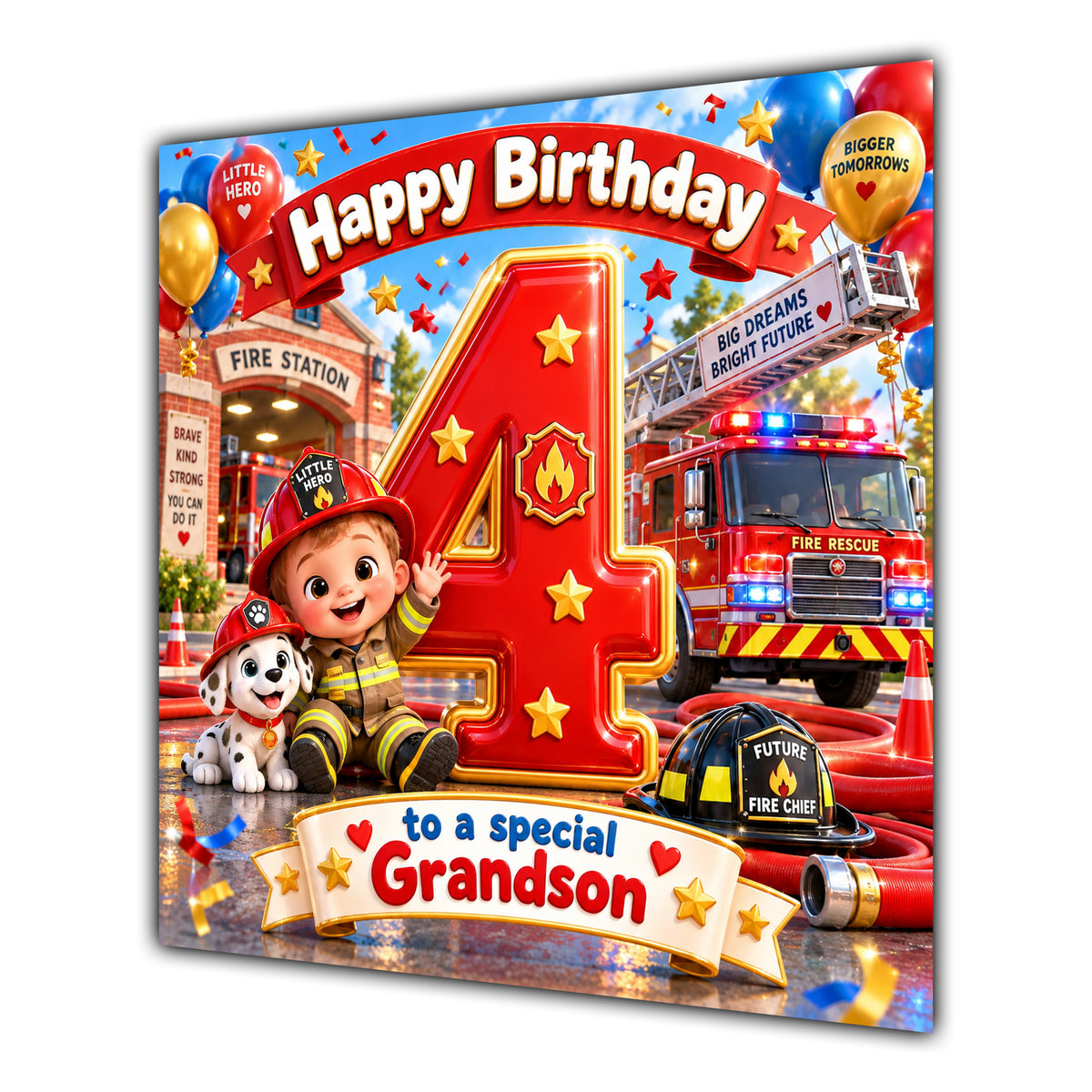 Grandson 4th Birthday Card Fire Engine Firefighter Dalmatian