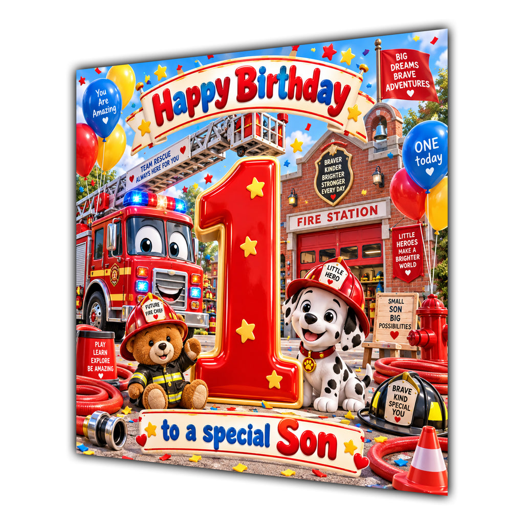 Son 1st Birthday Card Fire Engine Firefighter Dalmatian