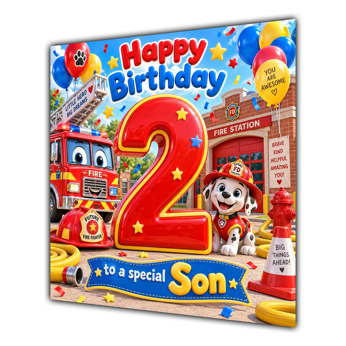 Son 2nd Birthday Card Fire Engine Firefighter Dalmatian