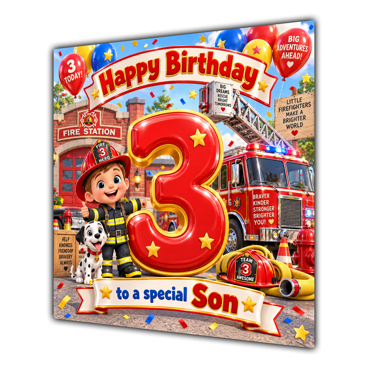 Son 3rd Birthday Card Fire Engine Firefighter Dalmatian