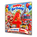 Son 4th Birthday Card Fire Engine Firefighter Dalmatian