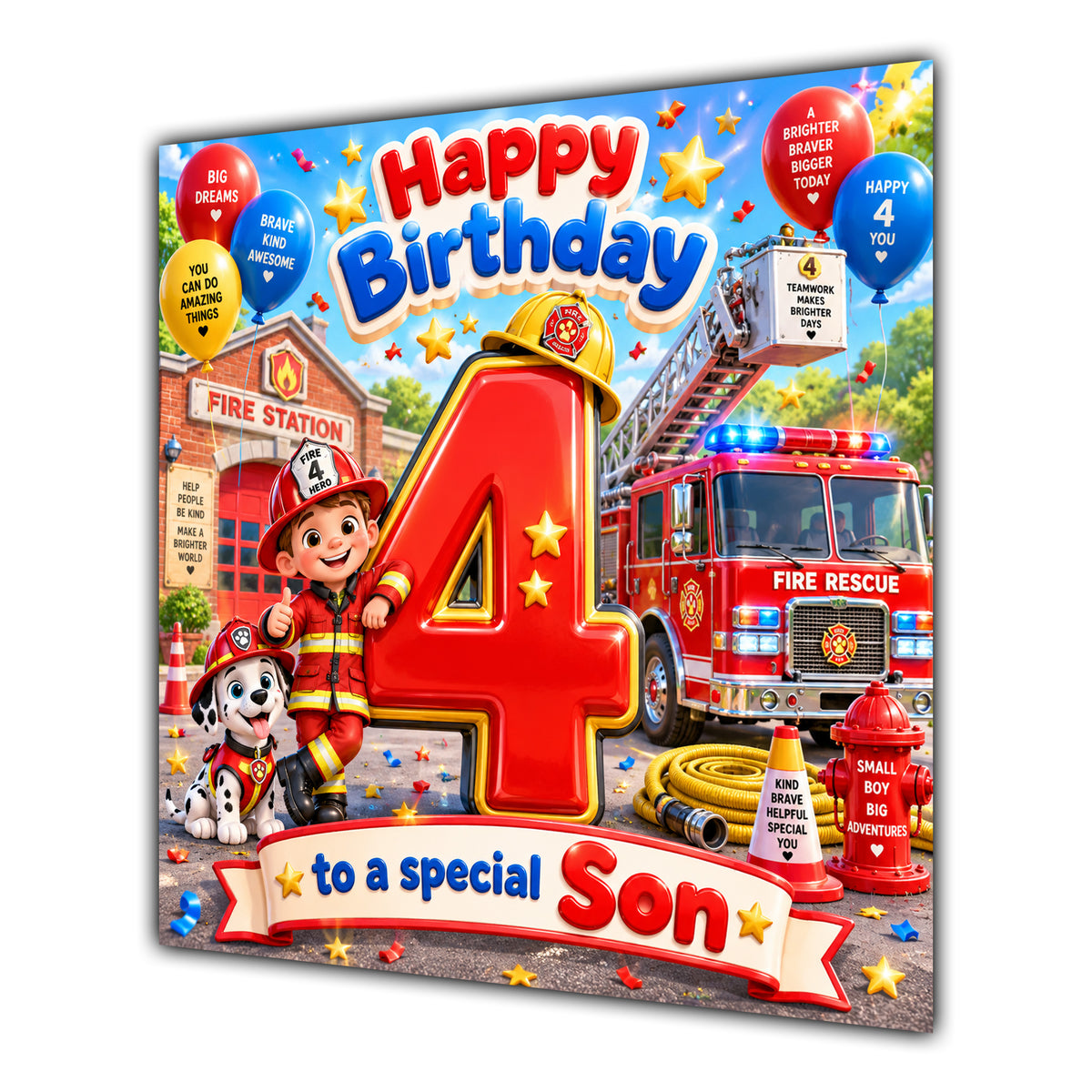 Son 4th Birthday Card Fire Engine Firefighter Dalmatian