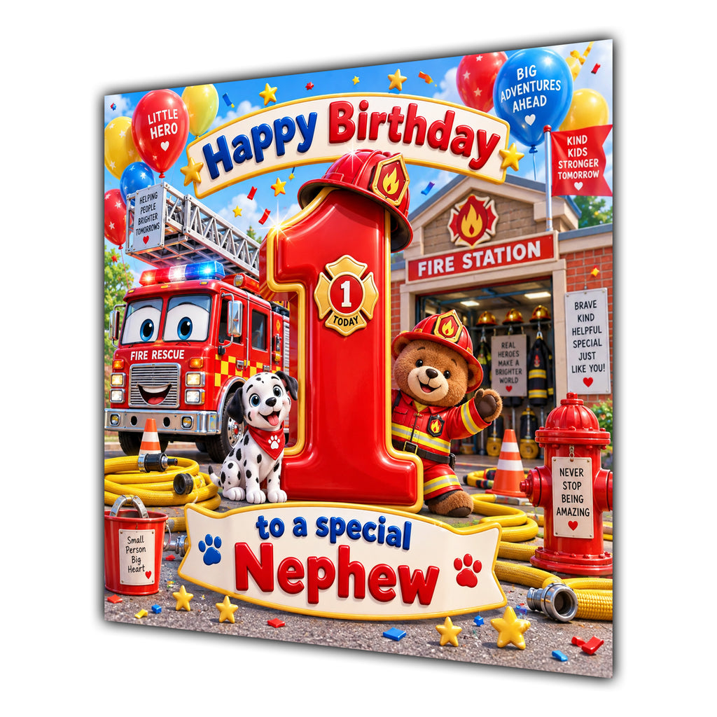 Nephew 1st Birthday Card Fire Engine Firefighter Dalmatian
