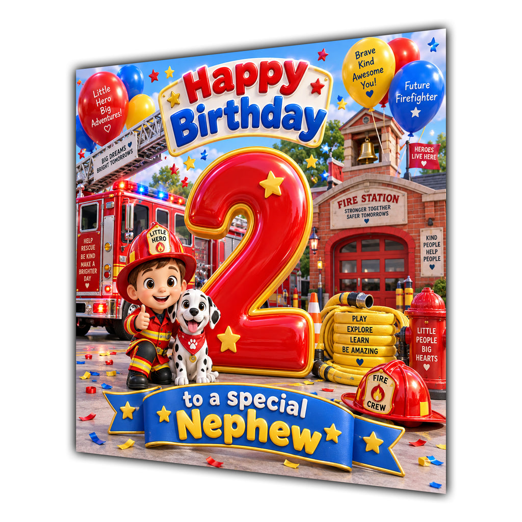 Nephew 2nd Birthday Card Fire Engine Firefighter Dalmatian