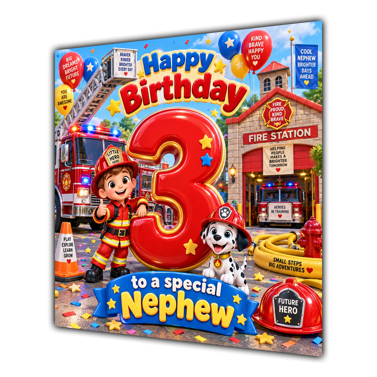 Nephew 3rd Birthday Card Fire Engine Firefighter Dalmatian