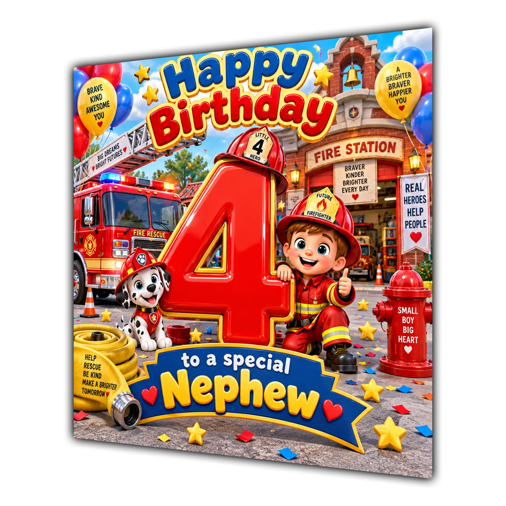 Nephew 4th Birthday Card Fire Engine Firefighter Dalmatian