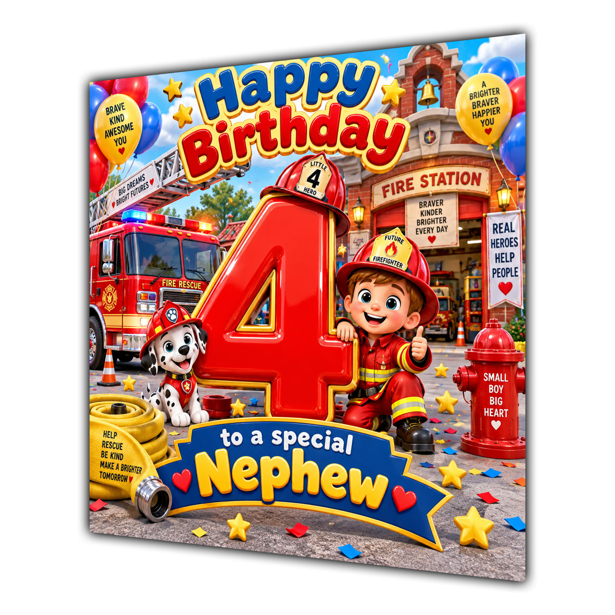 Nephew 4th Birthday Card Fire Engine Firefighter Dalmatian
