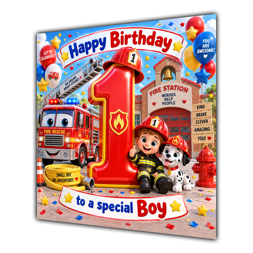 Boy 1st Birthday Card Fire Engine Firefighter Dalmatian