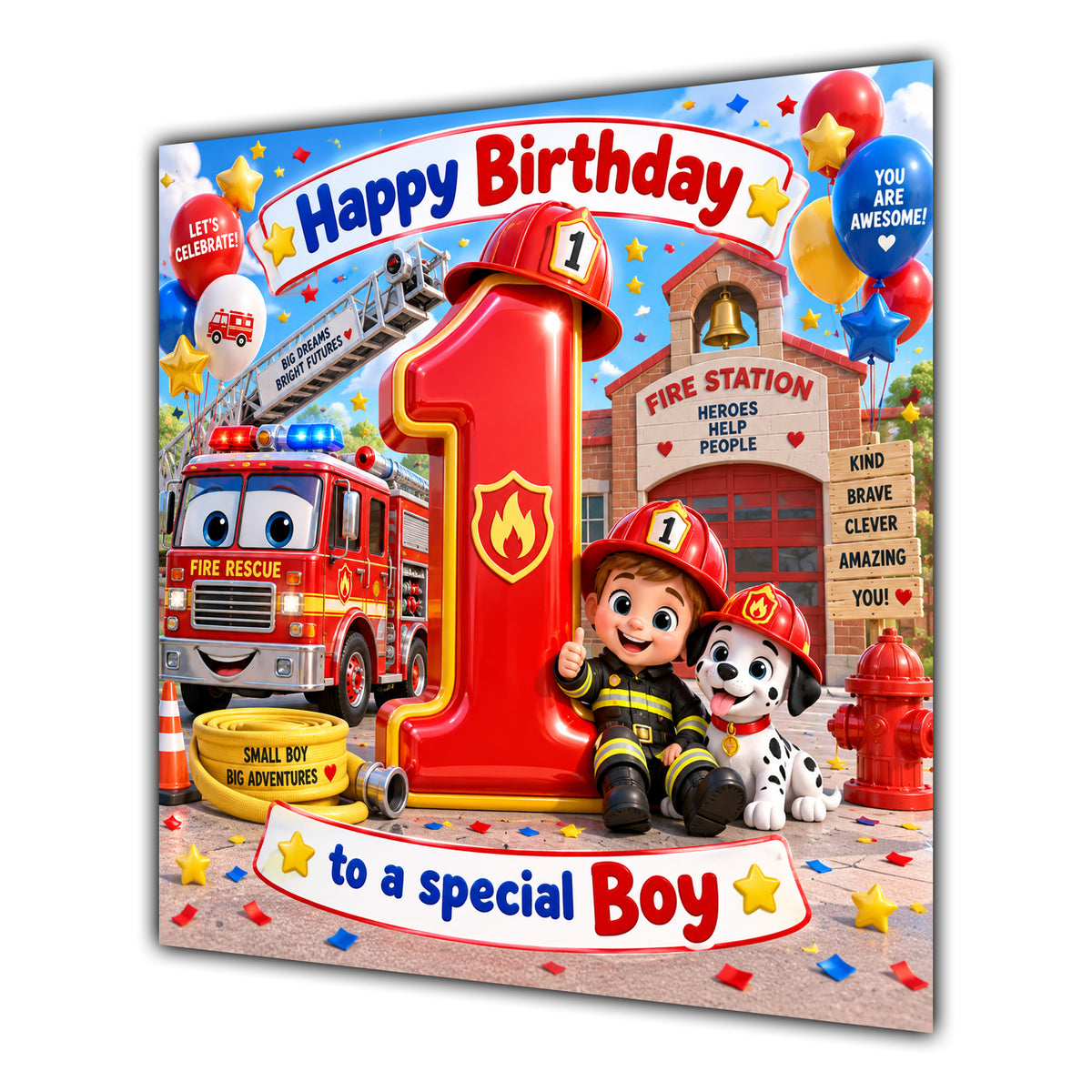 Boy 1st Birthday Card Fire Engine Firefighter Dalmatian
