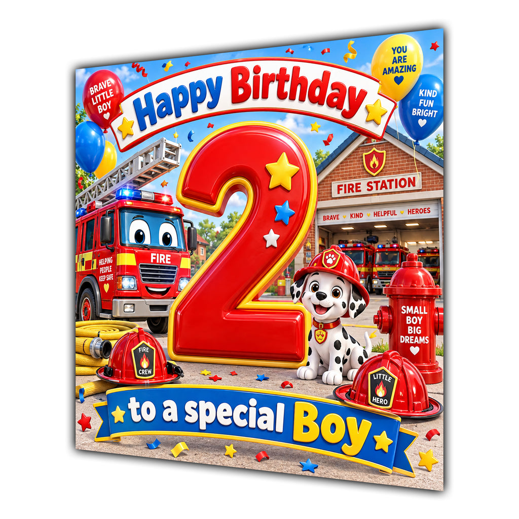 Boy 2nd Birthday Card Fire Engine Firefighter Dalmatian