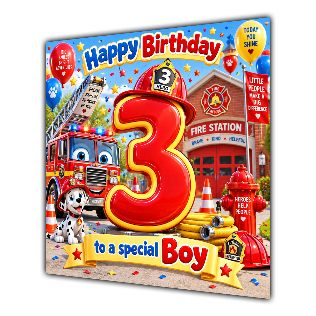 Boy 3rd Birthday Card Fire Engine Firefighter Dalmatian