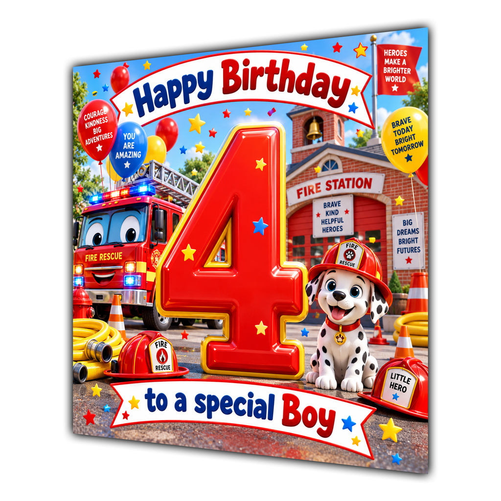 Boy 4th Birthday Card Fire Engine Firefighter Dalmatian