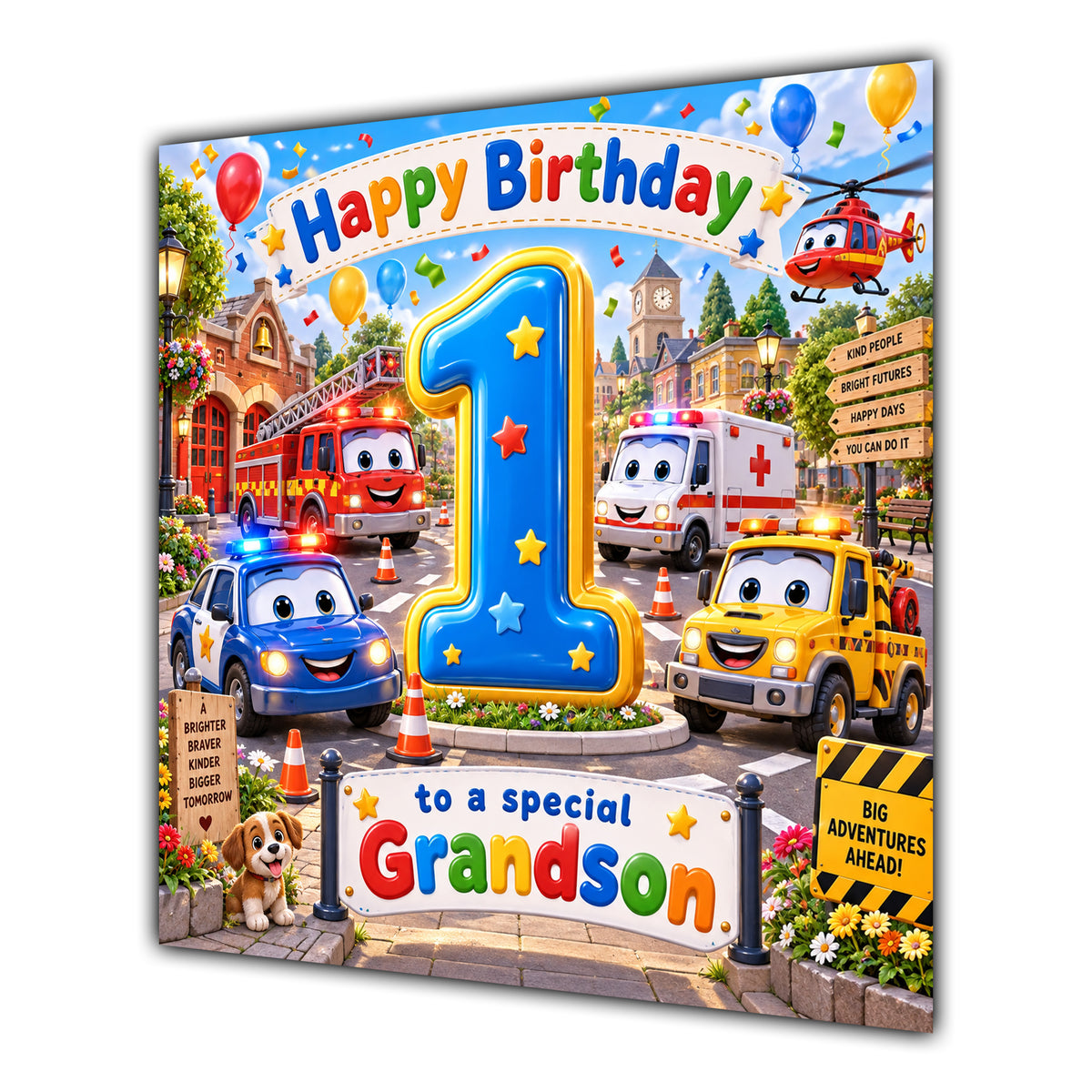 Grandson 1st Birthday Card Emergency Vehicles