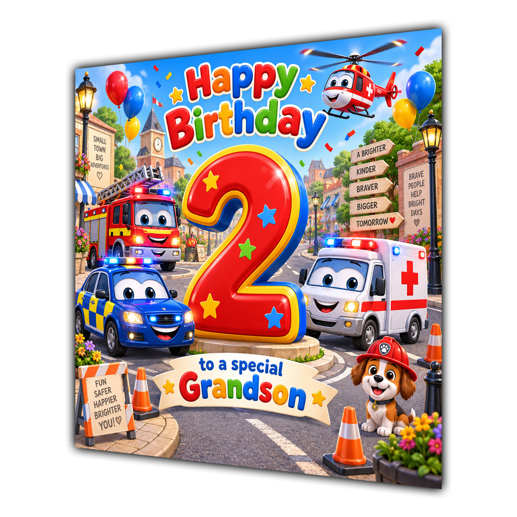 Grandson 2nd Birthday Card Emergency Vehicles