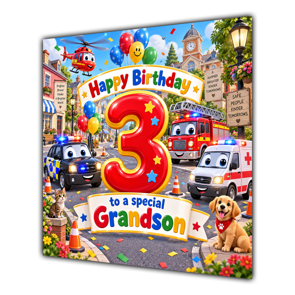 Grandson 3rd Birthday Card Emergency Vehicles