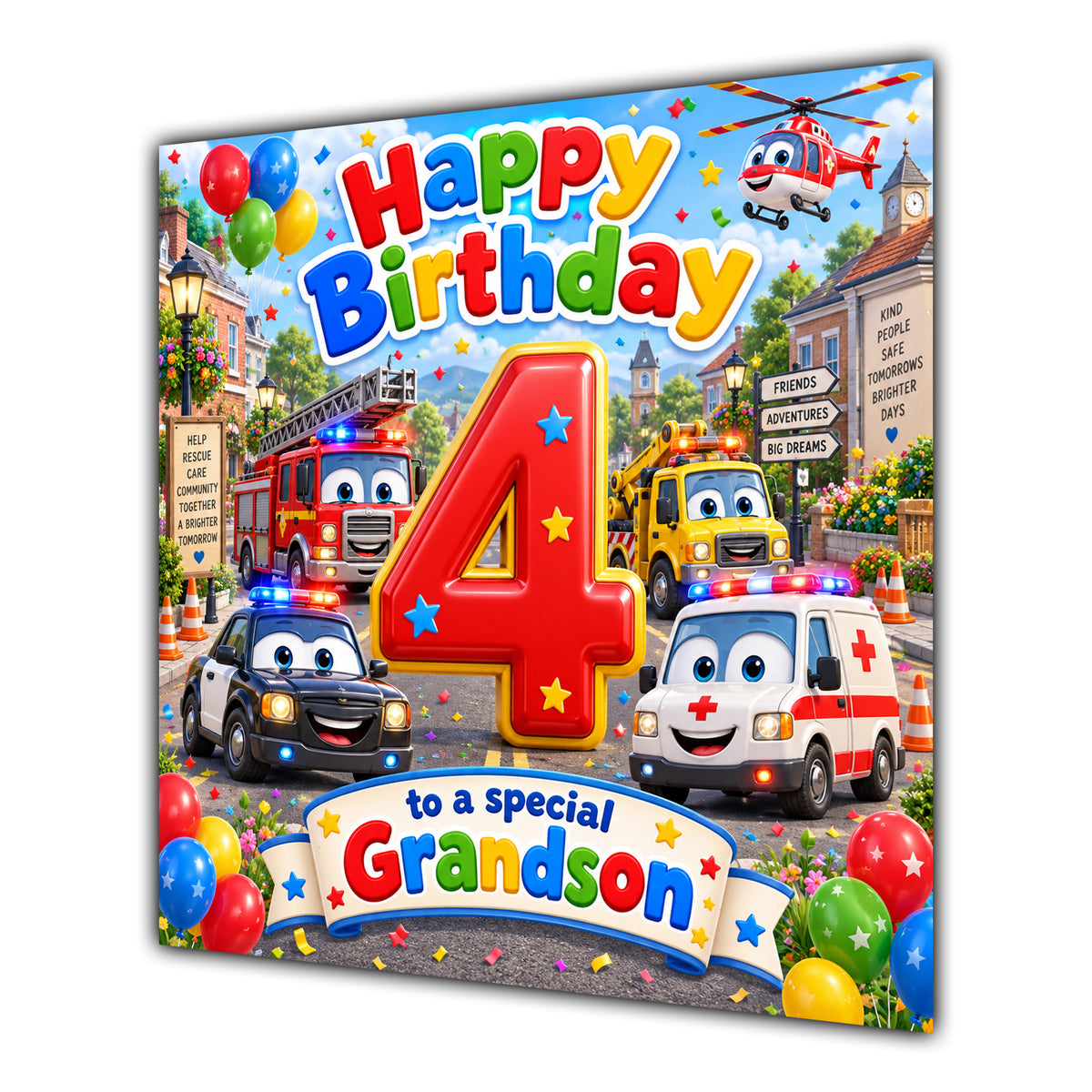 Grandson 4th Birthday Card Emergency Vehicles
