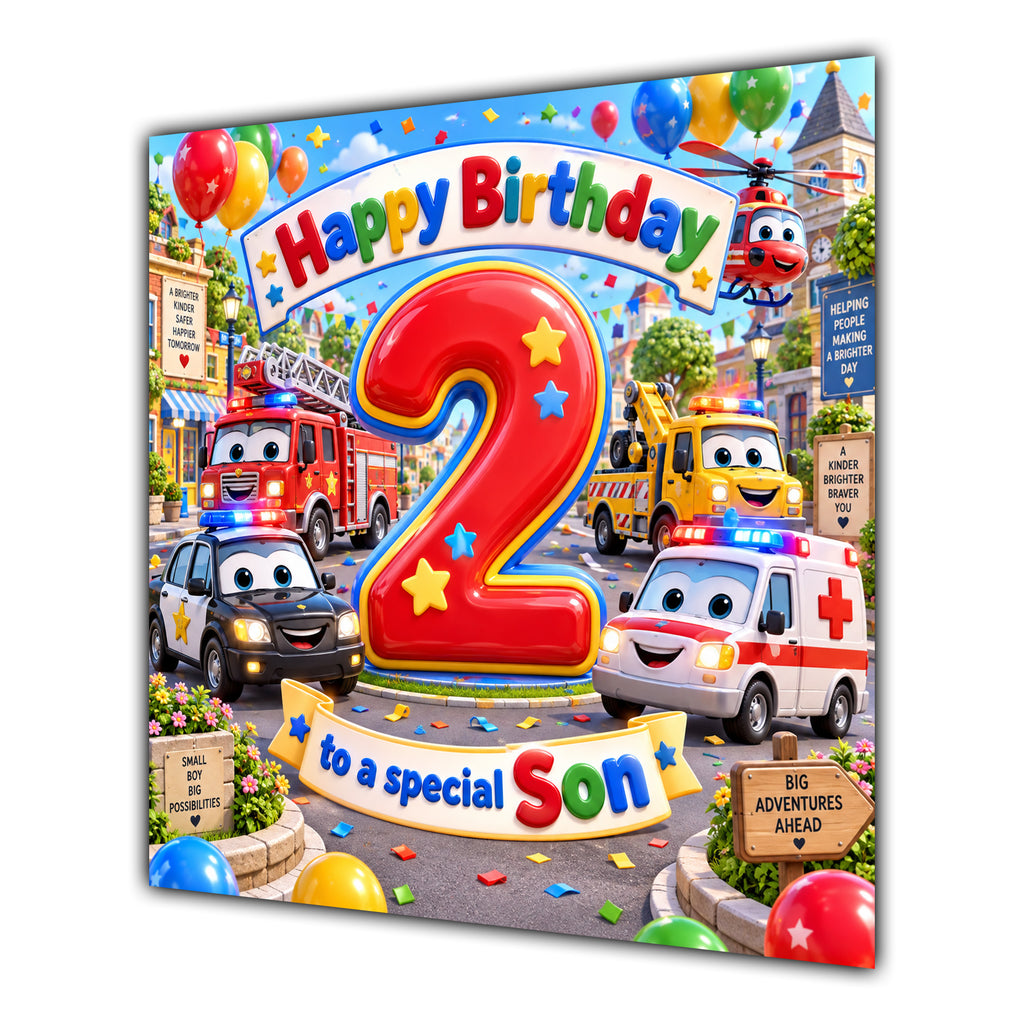Son 2nd Birthday Card Emergency Vehicles