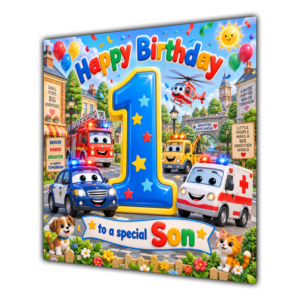 Son 1st Birthday Card Emergency Vehicles