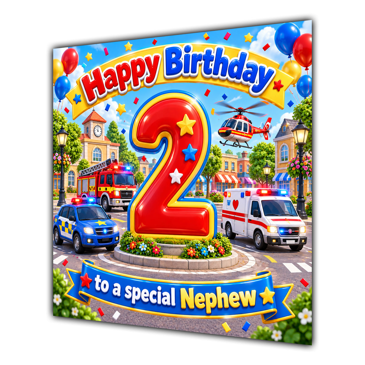 Nephew 2nd Birthday Card Emergency Vehicles