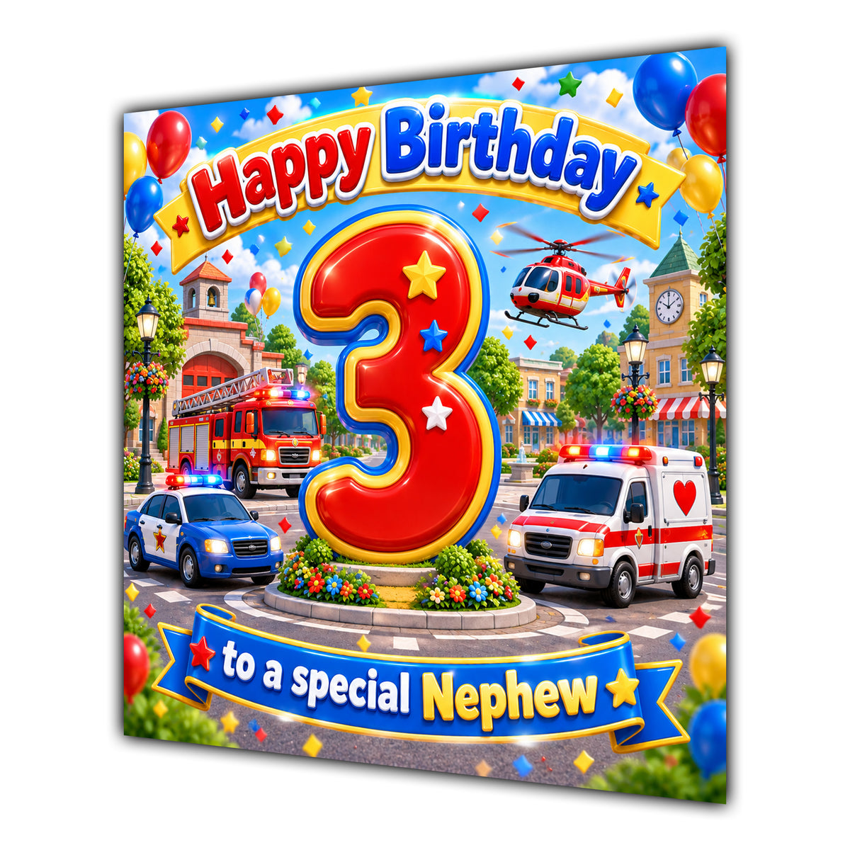 Nephew 3rd Birthday Card Emergency Vehicles