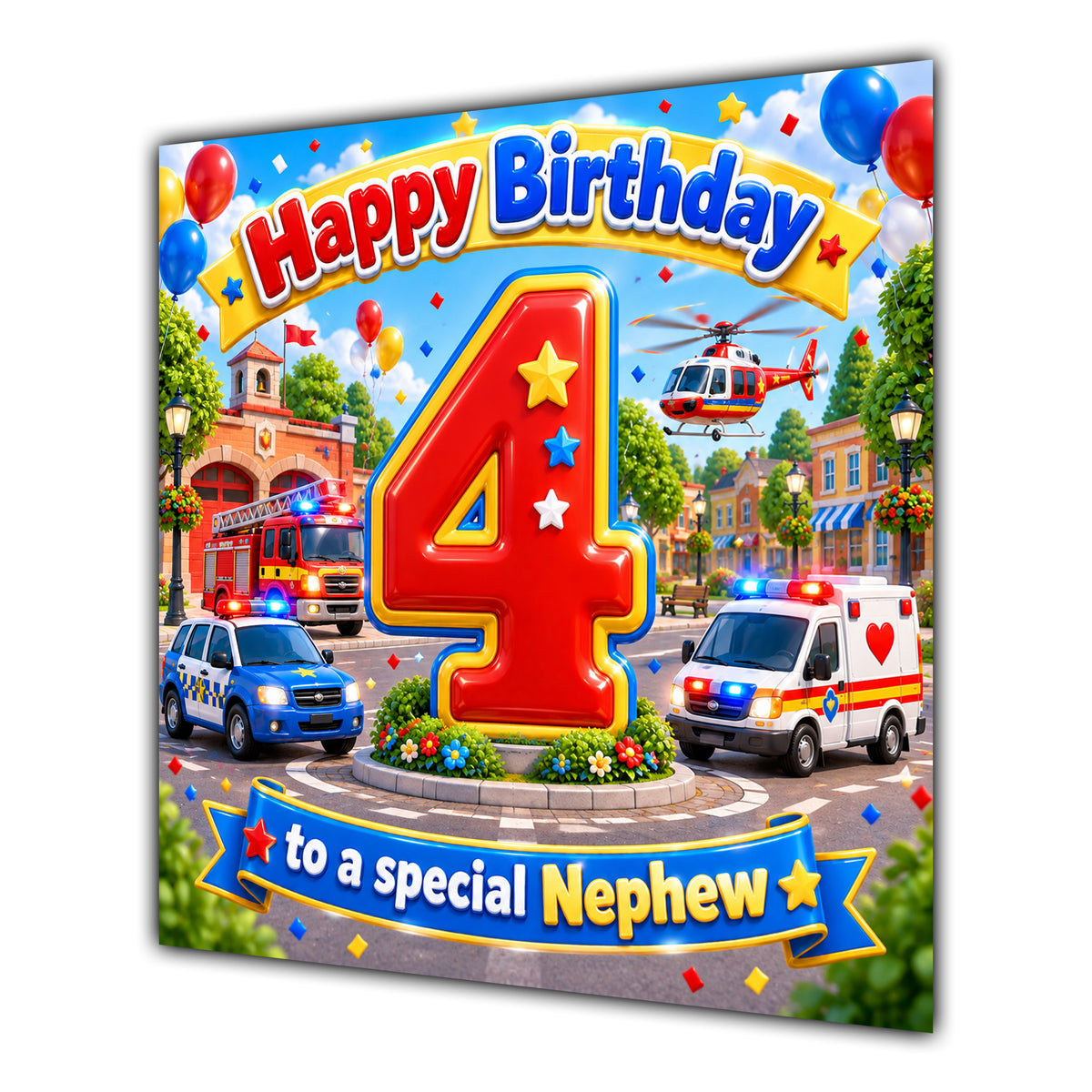 Nephew 4th Birthday Card Emergency Vehicles