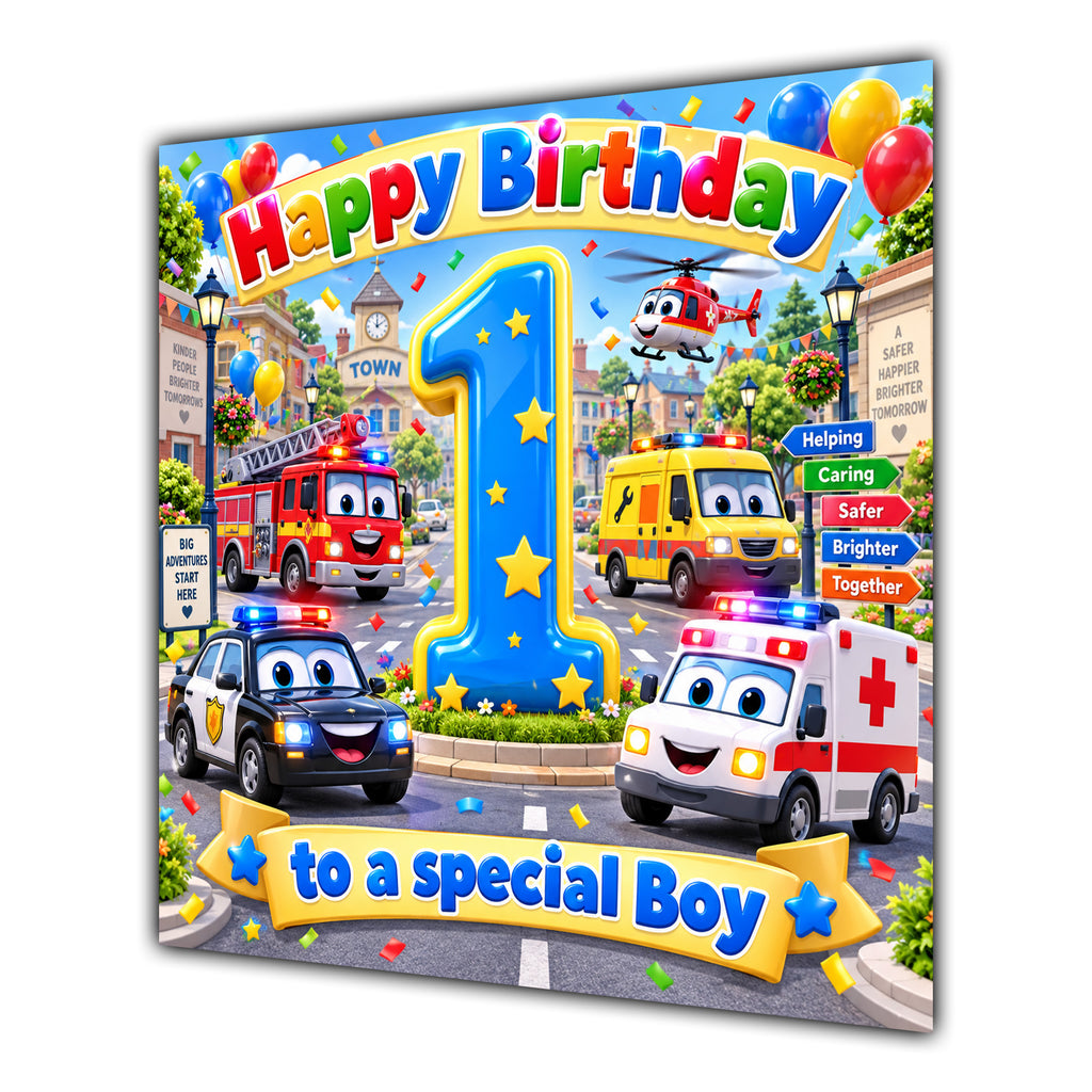 Boy 1st Birthday Card Emergency Vehicles