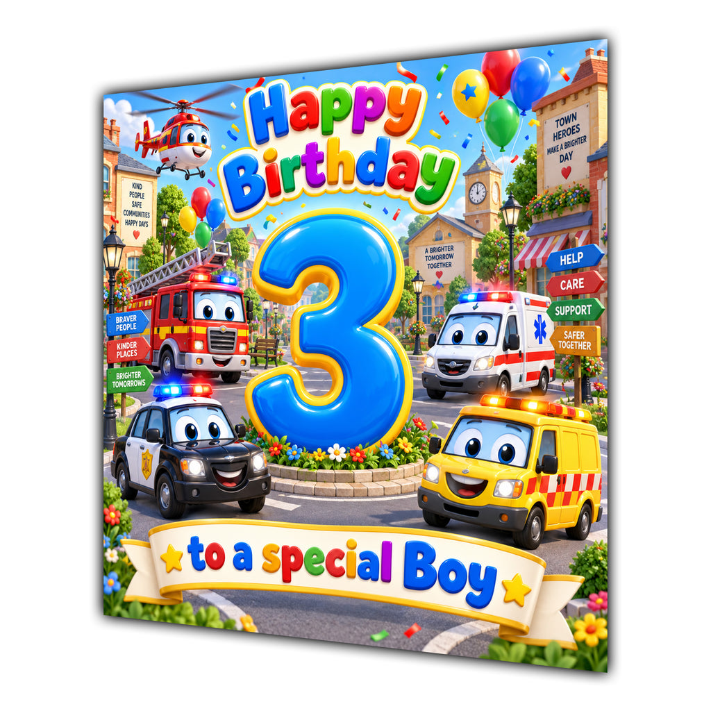 Boy 3rd Birthday Card Emergency Vehicles