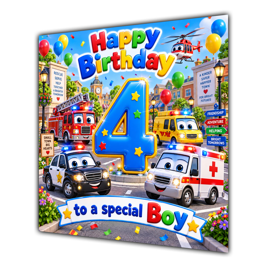 Boy 4th Birthday Card Emergency Vehicles