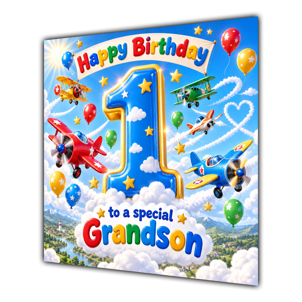 Grandson 1st Birthday Card Aeroplanes Blue Sky