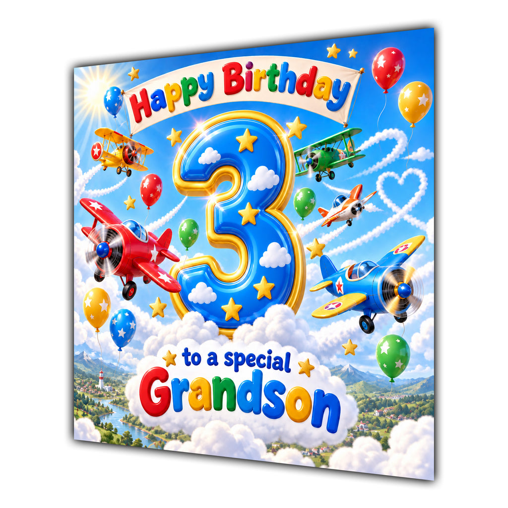 Grandson 3rd Birthday Card Aeroplanes Blue Sky