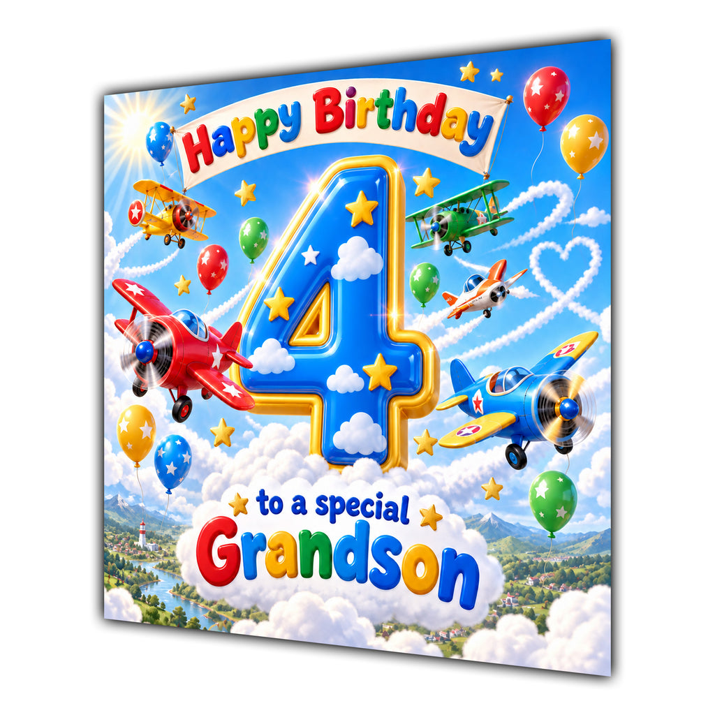 Grandson 4th Birthday Card Aeroplanes Blue Sky