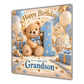Grandson 1st Birthday Card Teddy Bear Blue Gold Balloons