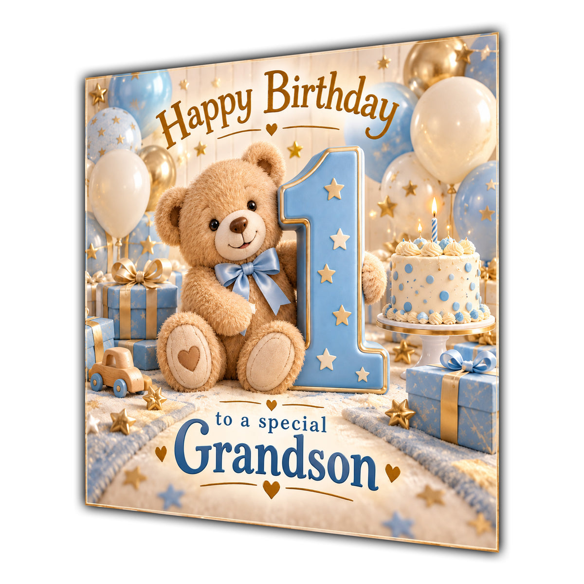 Grandson 1st Birthday Card Teddy Bear Blue Gold Balloons