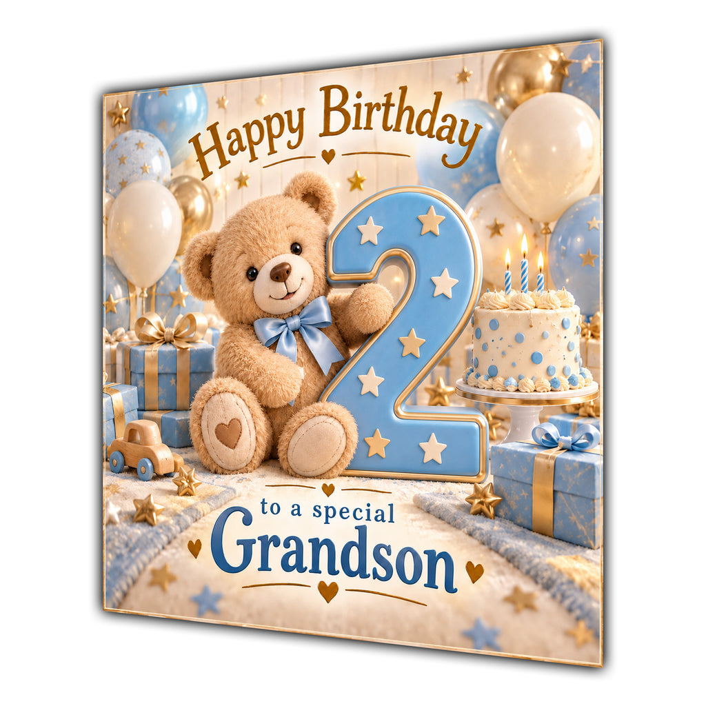 Grandson 2nd Birthday Card Teddy Bear Blue Gold Balloons