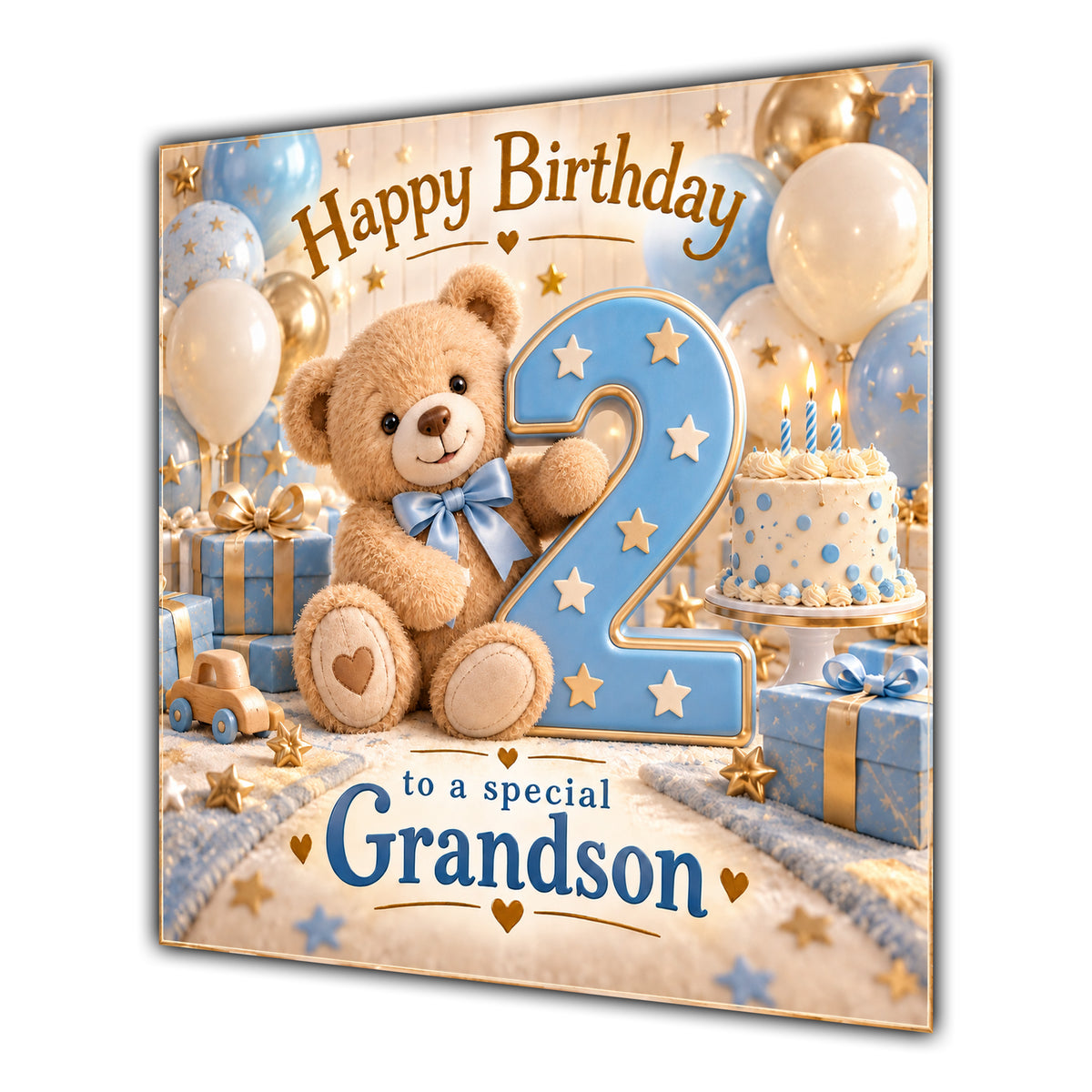 Grandson 2nd Birthday Card Teddy Bear Blue Gold Balloons