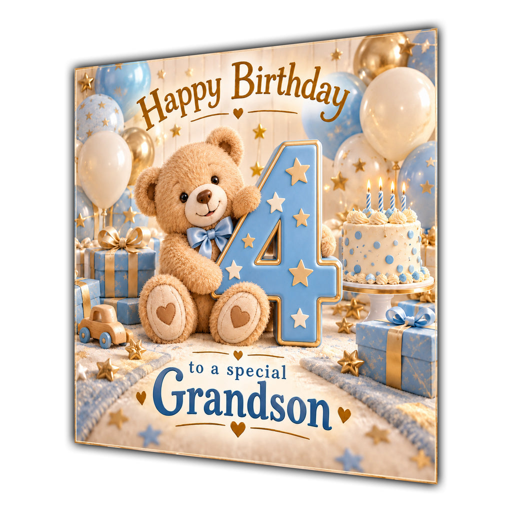 Grandson 4th Birthday Card Teddy Bear Blue Gold Balloons