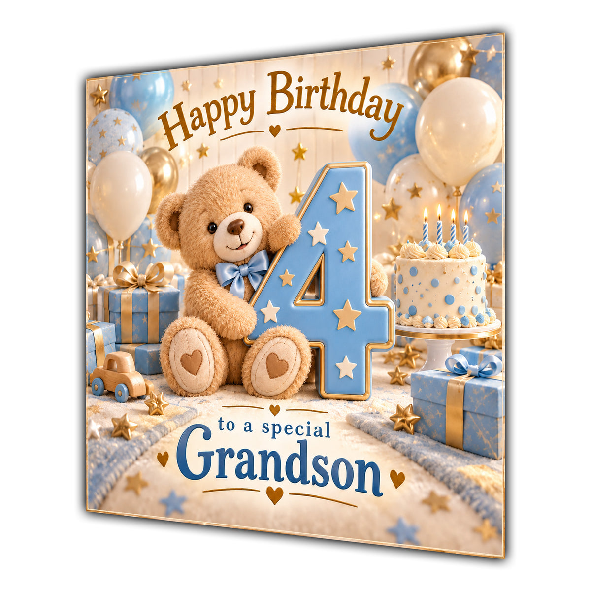 Grandson 4th Birthday Card Teddy Bear Blue Gold Balloons