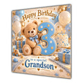 Grandson 3rd Birthday Card Teddy Bear Blue Gold Balloons