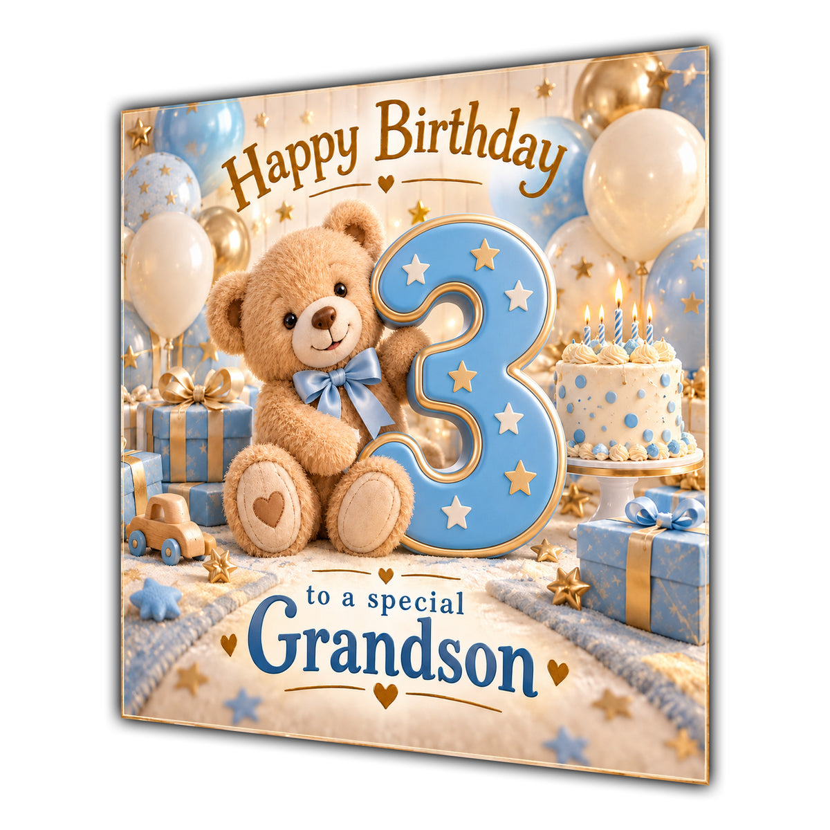 Grandson 3rd Birthday Card Teddy Bear Blue Gold Balloons