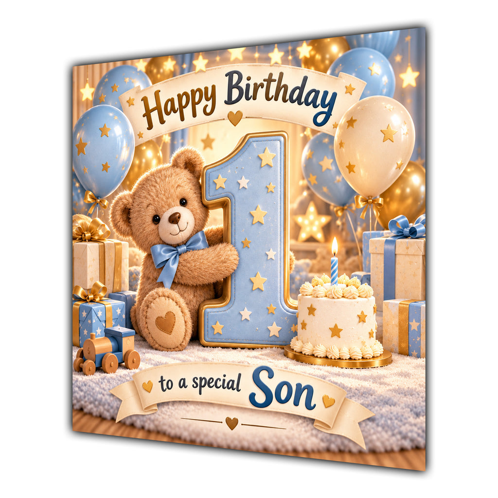 Son 1st Birthday Card Teddy Bear Blue Gold Balloons