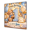 Son 1st Birthday Card Teddy Bear Blue Gold Balloons