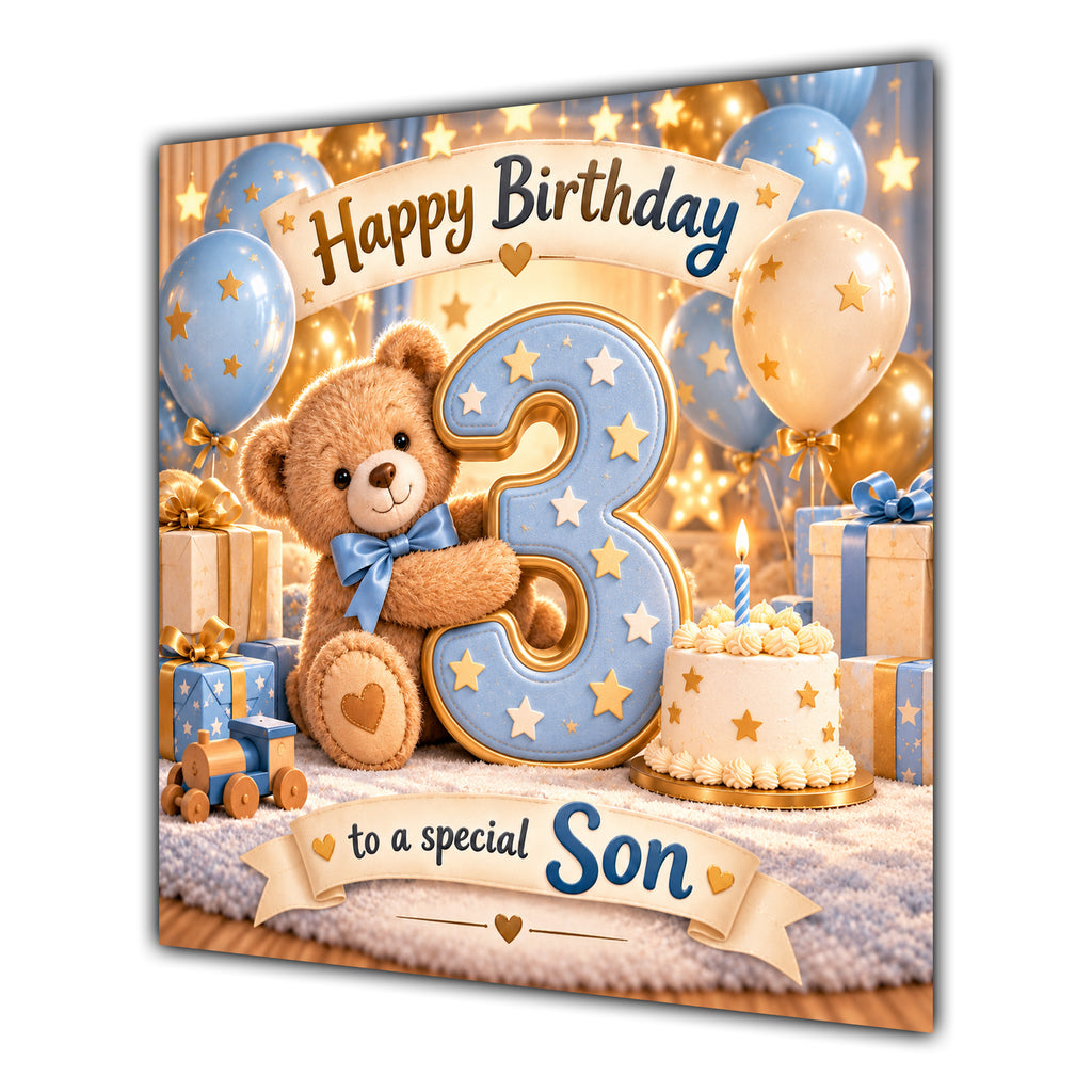 Son 3rd Birthday Card Teddy Bear Blue Gold Balloons