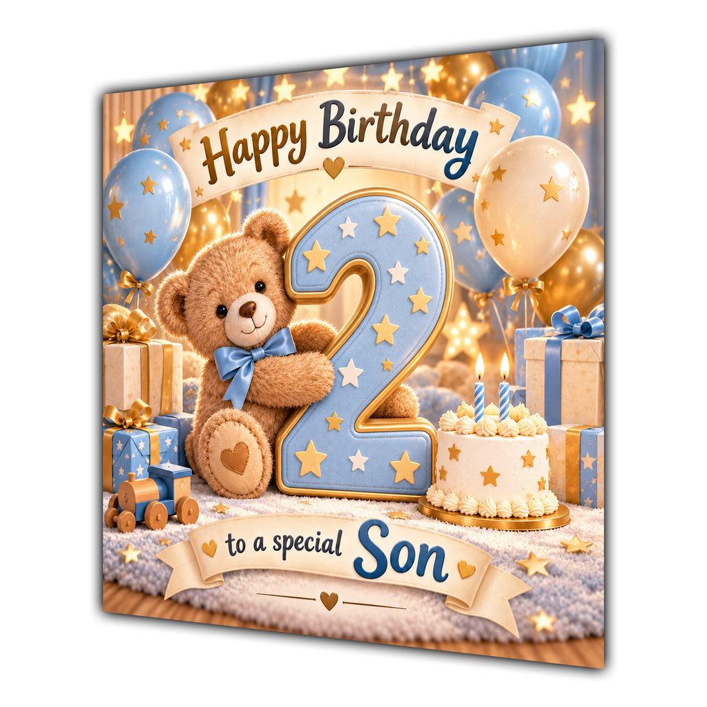 Son 2nd Birthday Card Teddy Bear Blue Gold Balloons