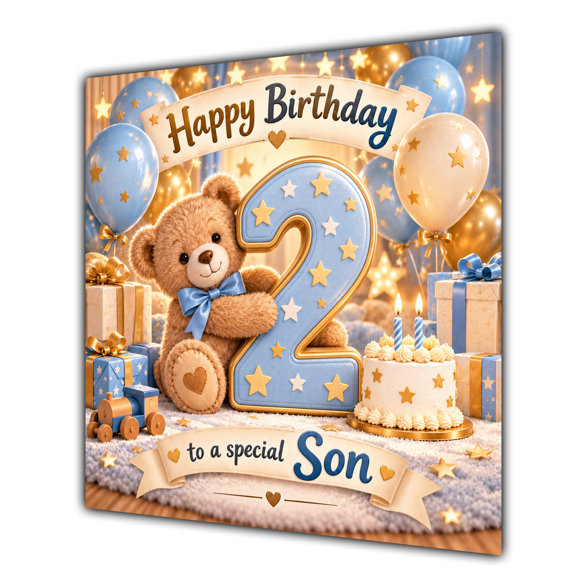 Son 2nd Birthday Card Teddy Bear Blue Gold Balloons