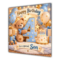 Son 4th Birthday Card Teddy Bear Blue Gold Balloons