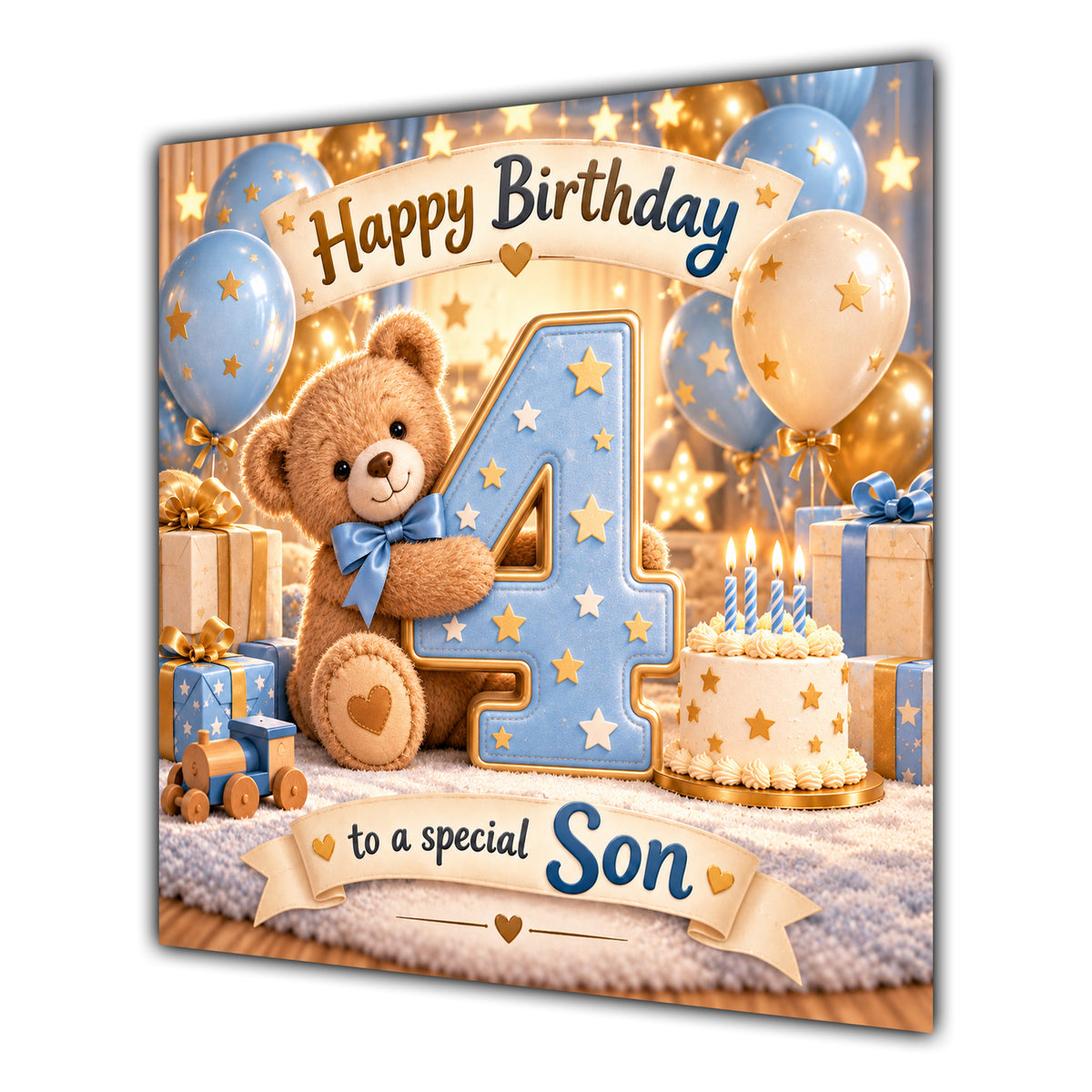 Son 4th Birthday Card Teddy Bear Blue Gold Balloons