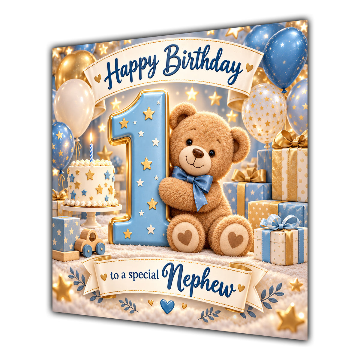 Nephew 1st Birthday Card Teddy Bear Blue Gold Balloons