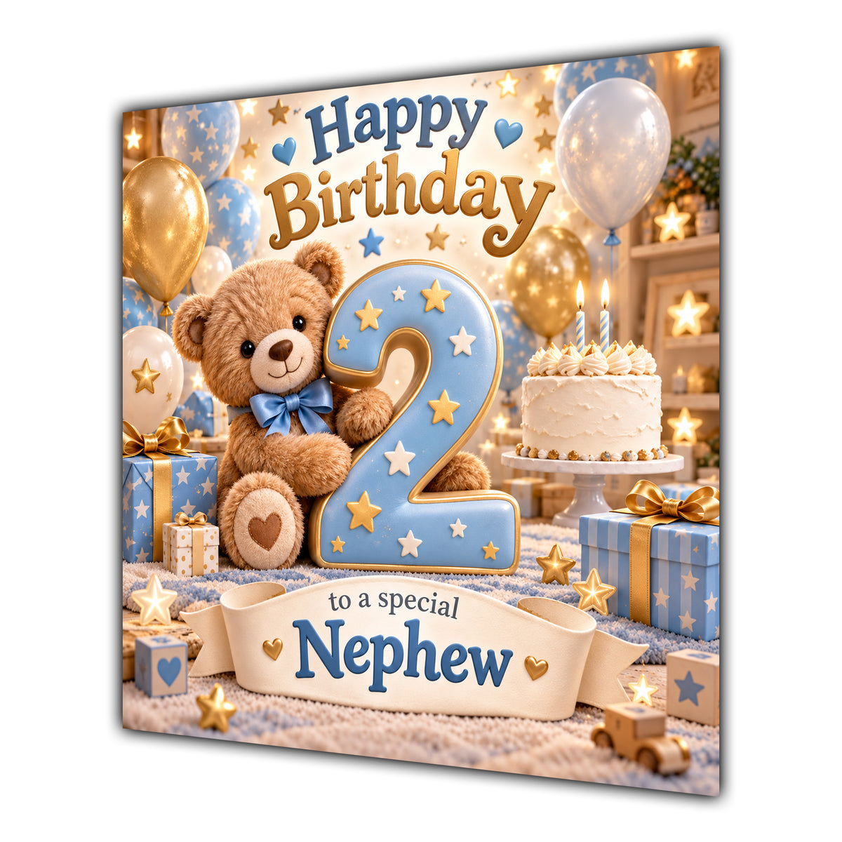 Nephew 2nd Birthday Card Teddy Bear Blue Gold Balloons
