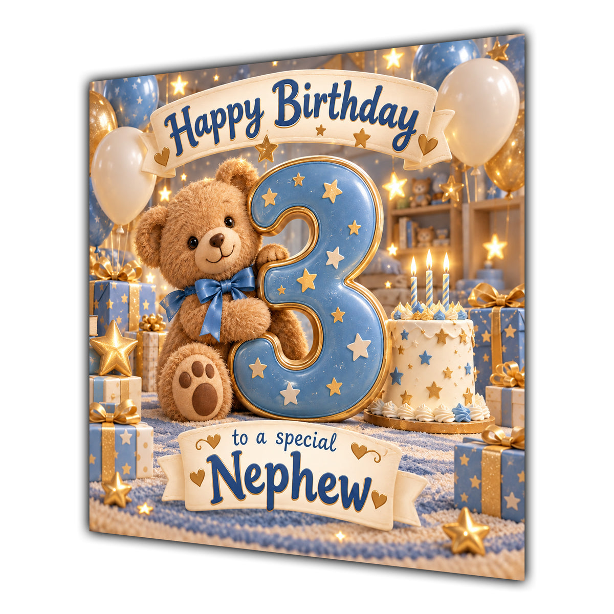 Nephew 3rd Birthday Card Teddy Bear Blue Gold Balloons