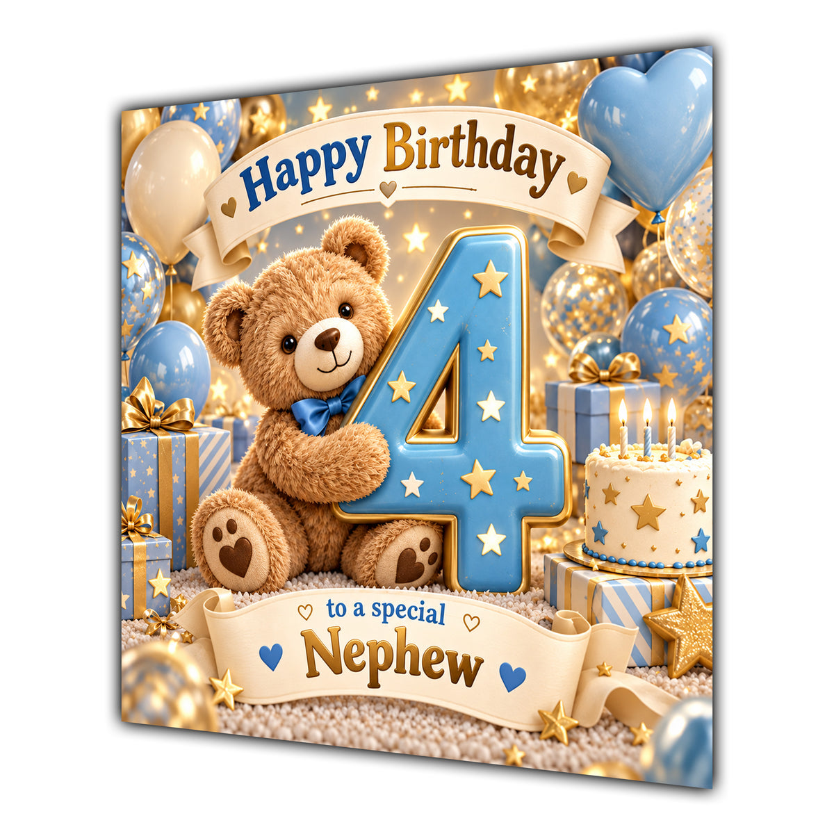 Nephew 4th Birthday Card Teddy Bear Blue Gold Balloons